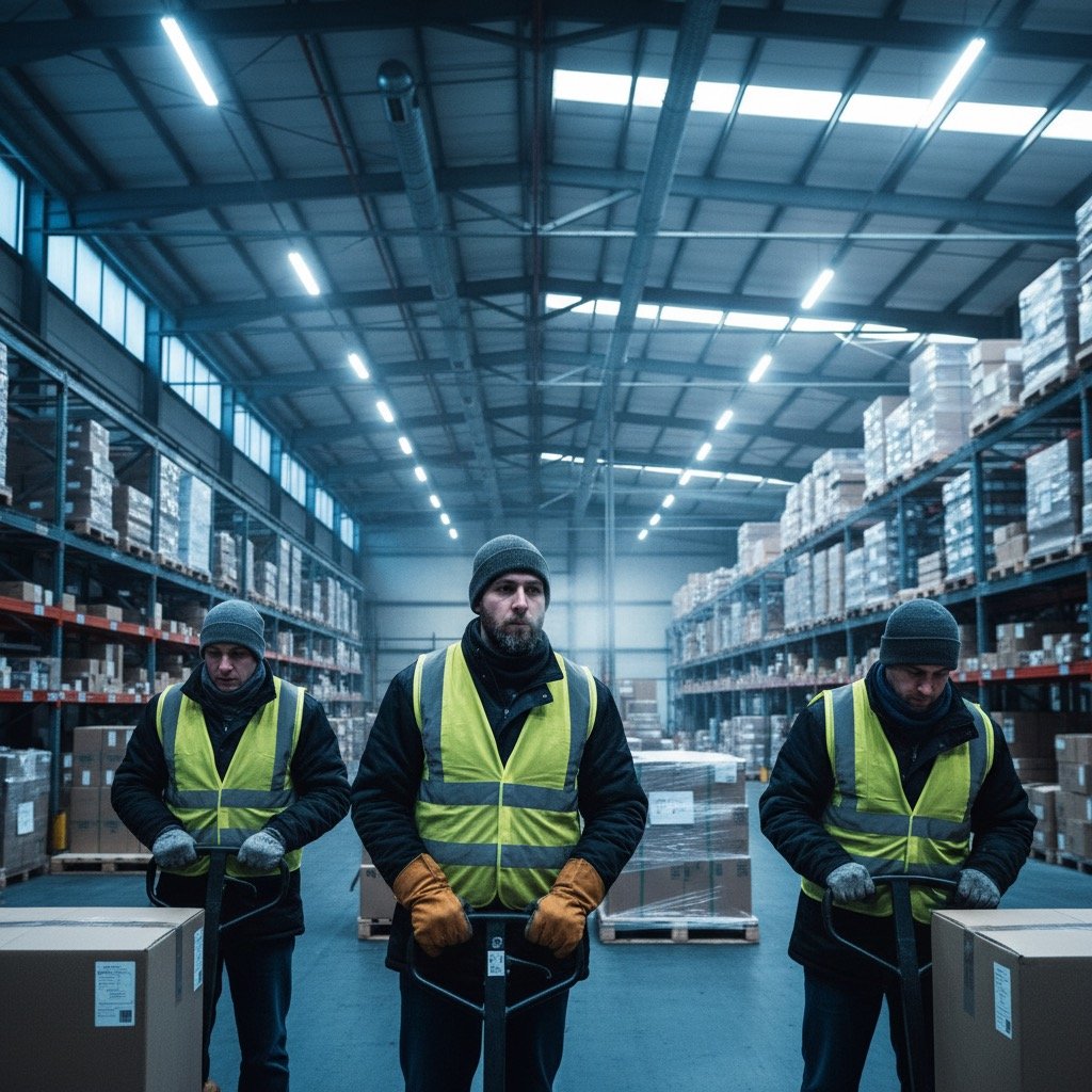 Entrepôt froid — manutentionnaires en tenue d'hiver à cause de la stratification thermique
